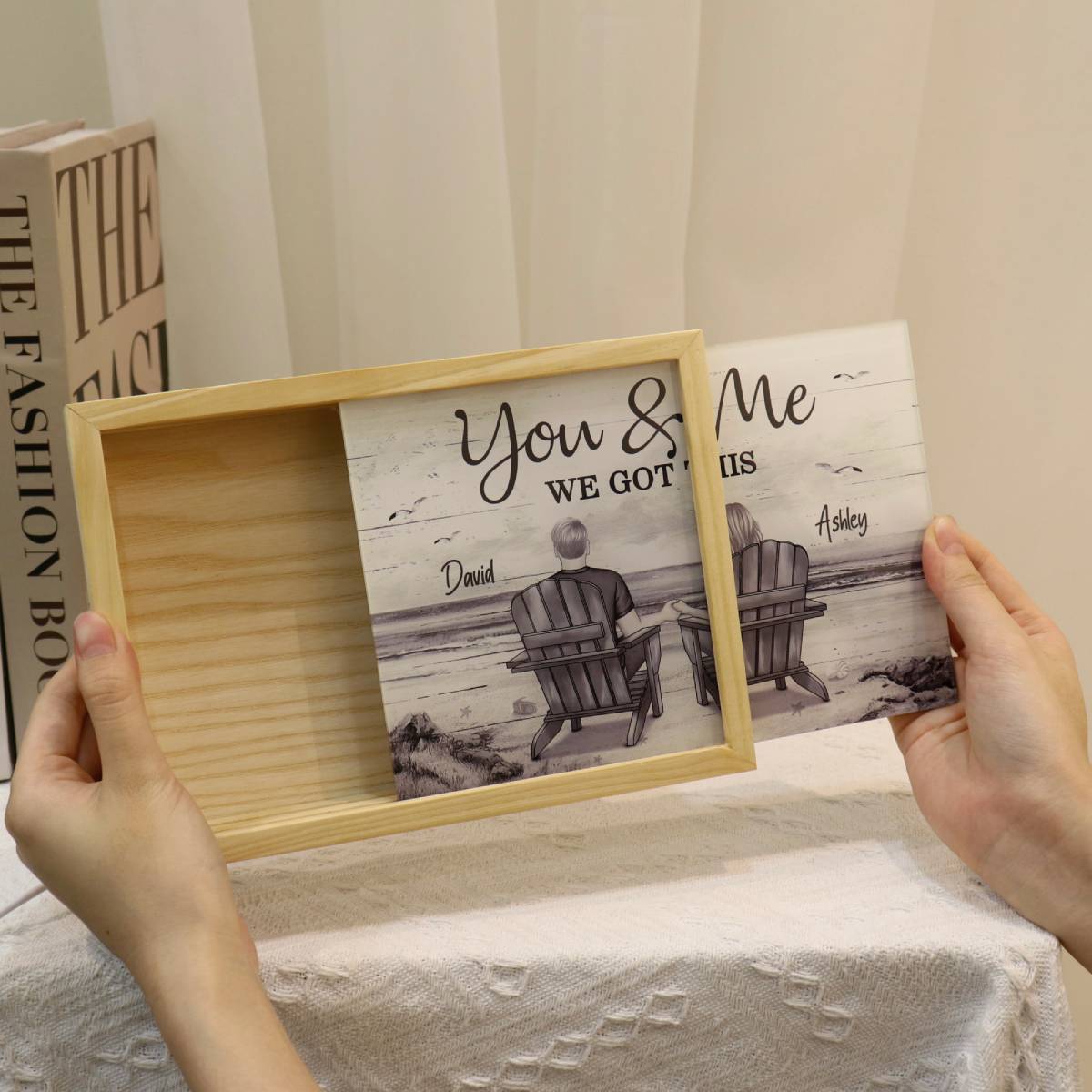 [EXCLUSIVE LIMITED EDITION] Couple Sitting At Beach Retro Personalized Luminous Frame Light Box, Anniversary Gift For Couple