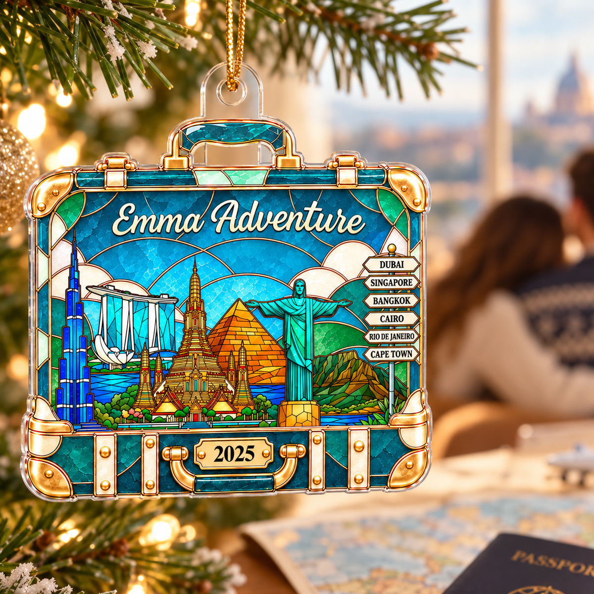 Custom Travel Adventure Suitcase Colorful Faceted Illustration 2D Flat Printed - Personalized Acrylic Ornament - Traveling Destination Keepsake, Christmas Gift For Traveling Lovers