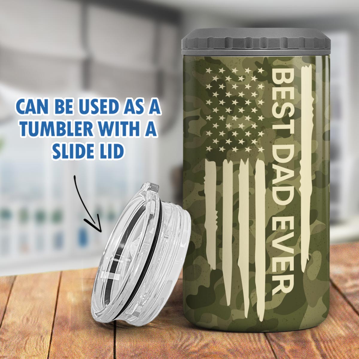 Best Dad Papa Grandpa Ever Nation Flag Back View Man & Kids Patriotic Gift For Husband Father Figures Personalized 4 In 1 Can Cooler
