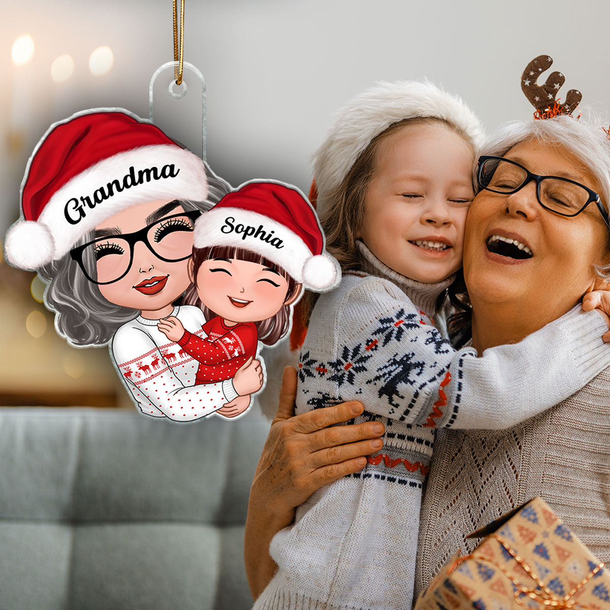Doll Grandma Mom Hugging Kid Christmas Gift For Granddaughter Grandson Personalized Acrylic Ornament