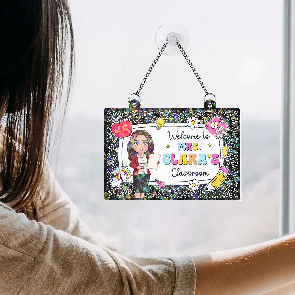 Teacher Composition Book Pattern Personalized Hologram Window Decor, Classroom Decor, Back To School Gift