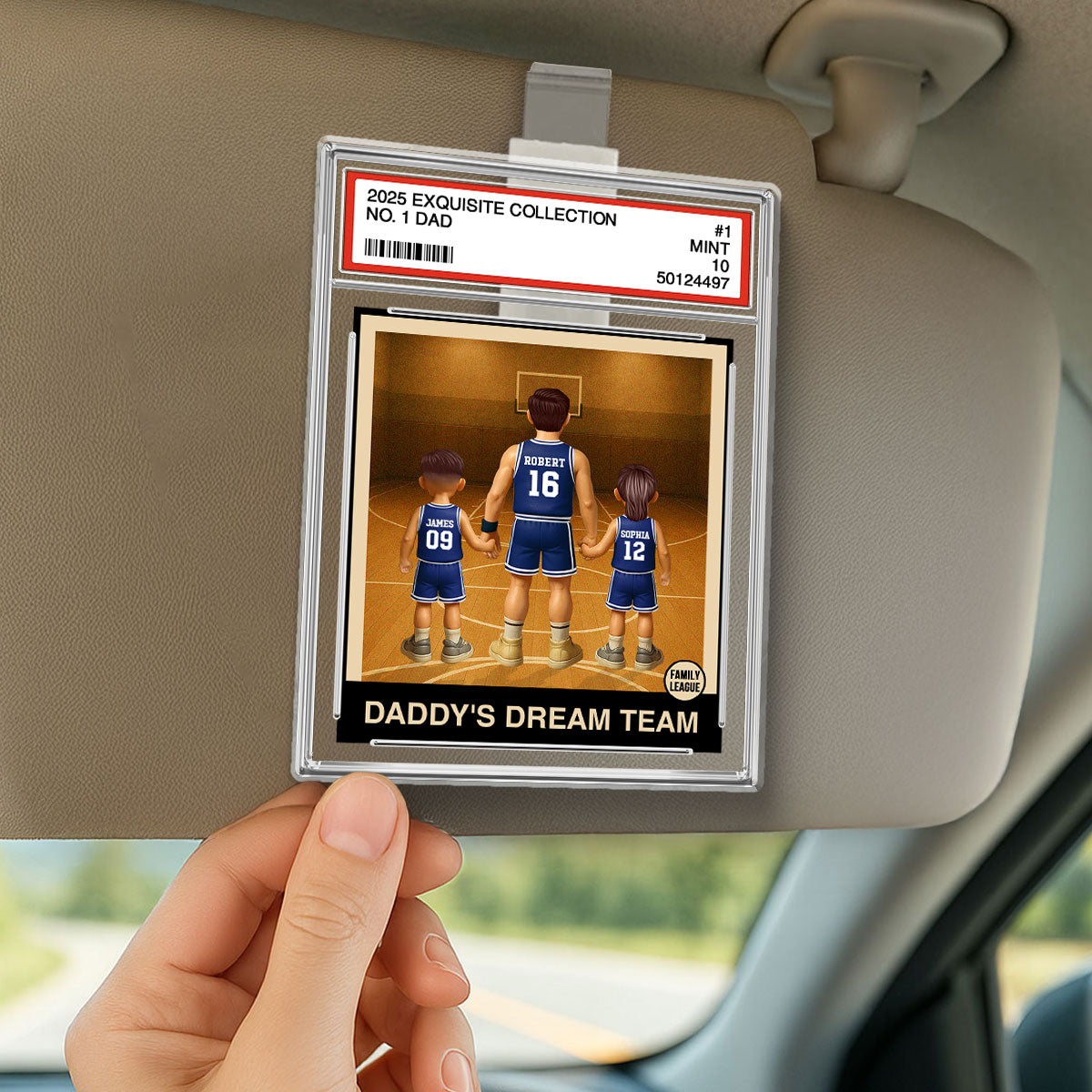 Basketball No. 1 Dad Man & Kids Trading Card Style Personalized Acrylic Car Visor Clip