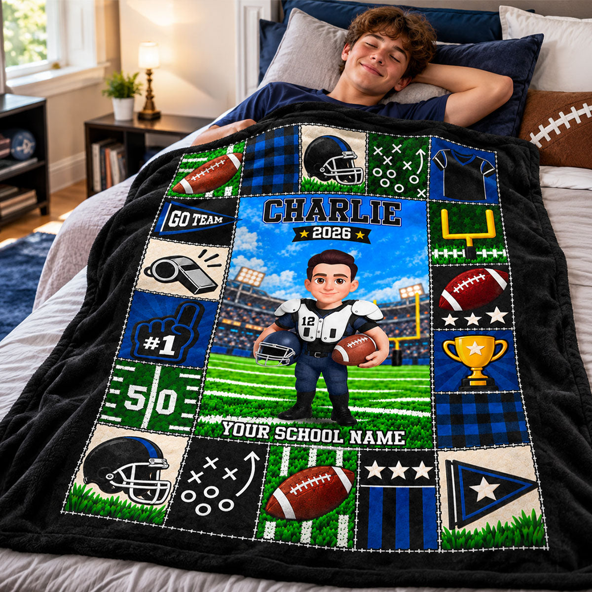 Football Star Custom Name And Number - Personalized Fleece Blanket - Gift For Football Players, Grandkids, Boys, Girls