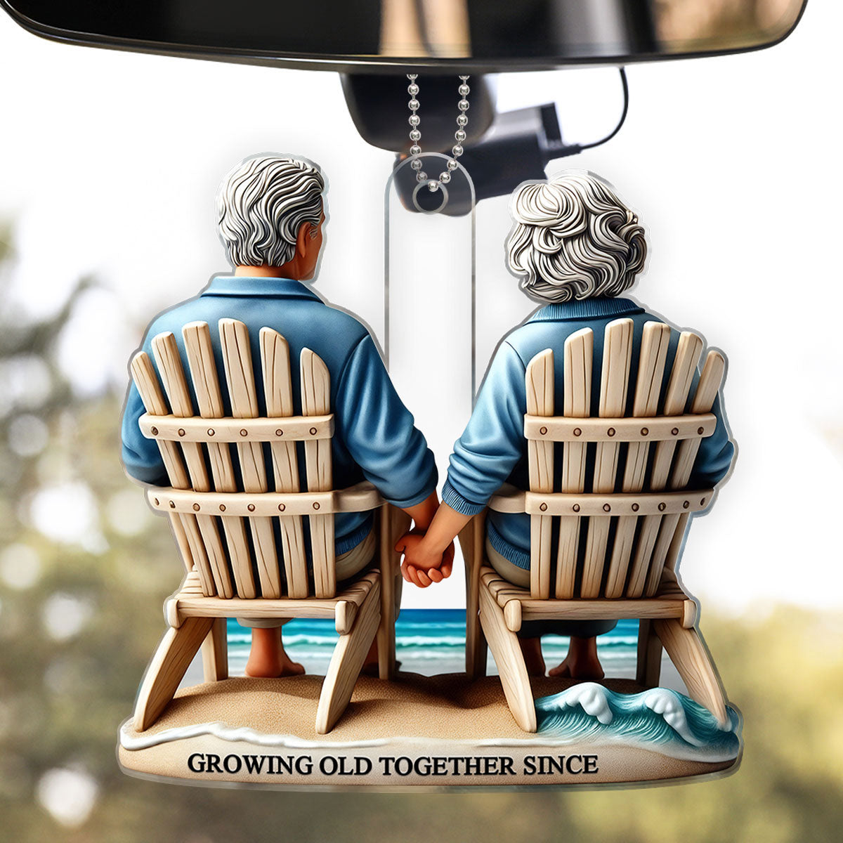 3D Effect Old Couple Sitting On The Beach Growing Old Together Since Personalized Car Hanger Ornament, Heartfelt Gift For Couple, For Him, For Her, Husband, Wife