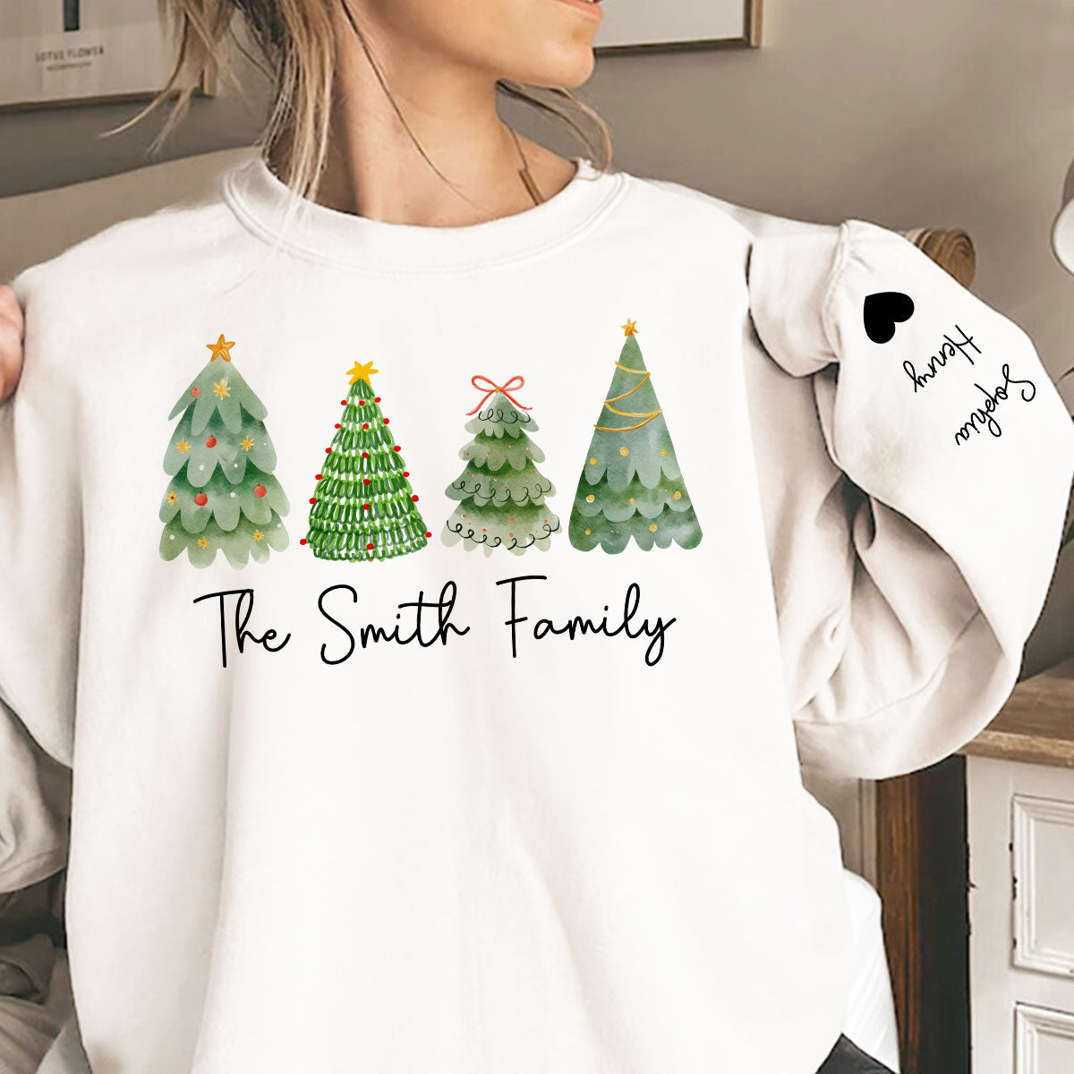 Family Christmas Tree Watercolor Personalized Sleeve Printed Sweatshirt