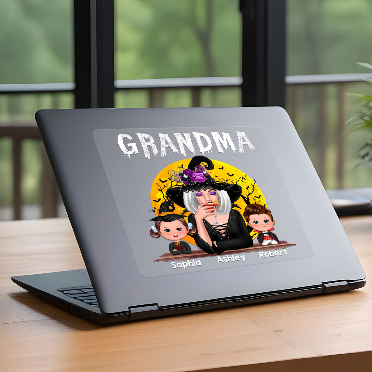 Halloween Moon Grandma Mom Witch With GrandKids Personalized Decal, Halloween Decoration