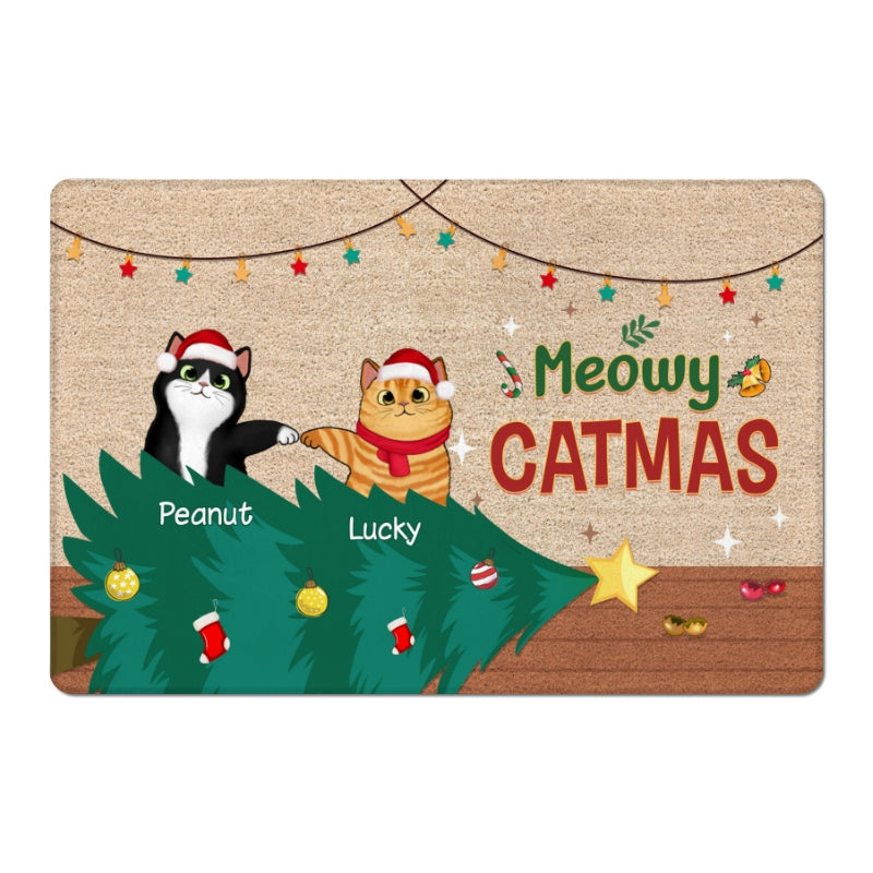 Meowy Catmas Naughty Cat Funny Christmas Personalized Doormat