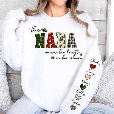 Christmas This Grandma Wears Her Heart Her Sleeve - Personalized Sleeve Printed Sweatshirt