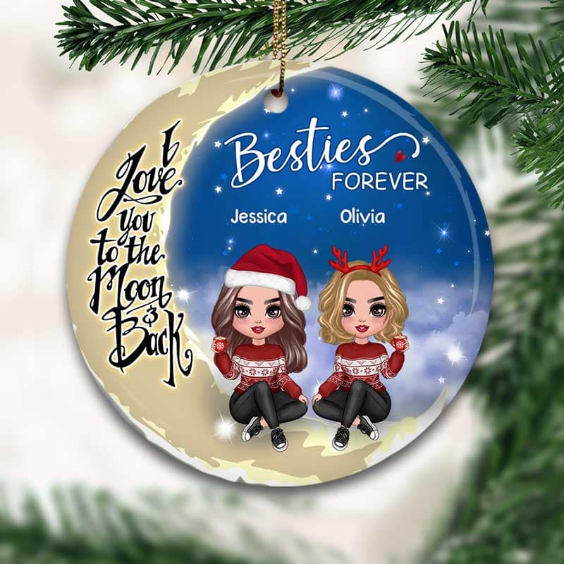 Besties Sisters Forever Sitting On Moon Personalized Circle Ornament