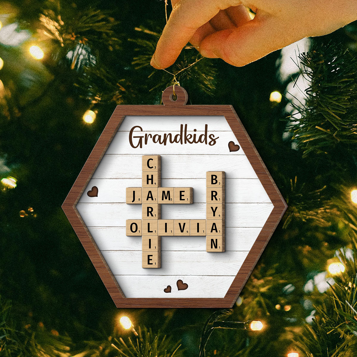 Grandkids Crossword Puzzle Art Personalized Hexagon Shaped 2-Layer Wooden Ornament, Christmas Gift For Grandma, Gift For Mom
