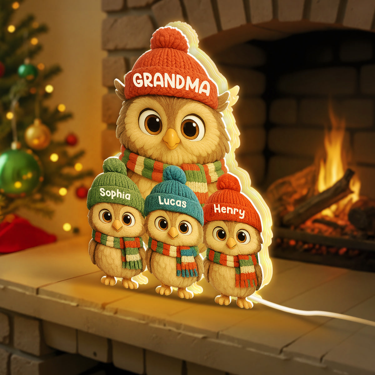 3D Effect Heartwarming Christmas Owls Grandma Grandkids - Personalized Light Box