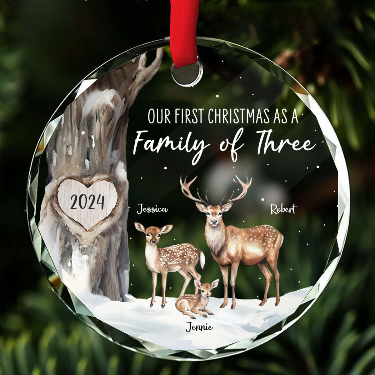 First Christmas As Family Of Three Deers Personalized Glass Ornament