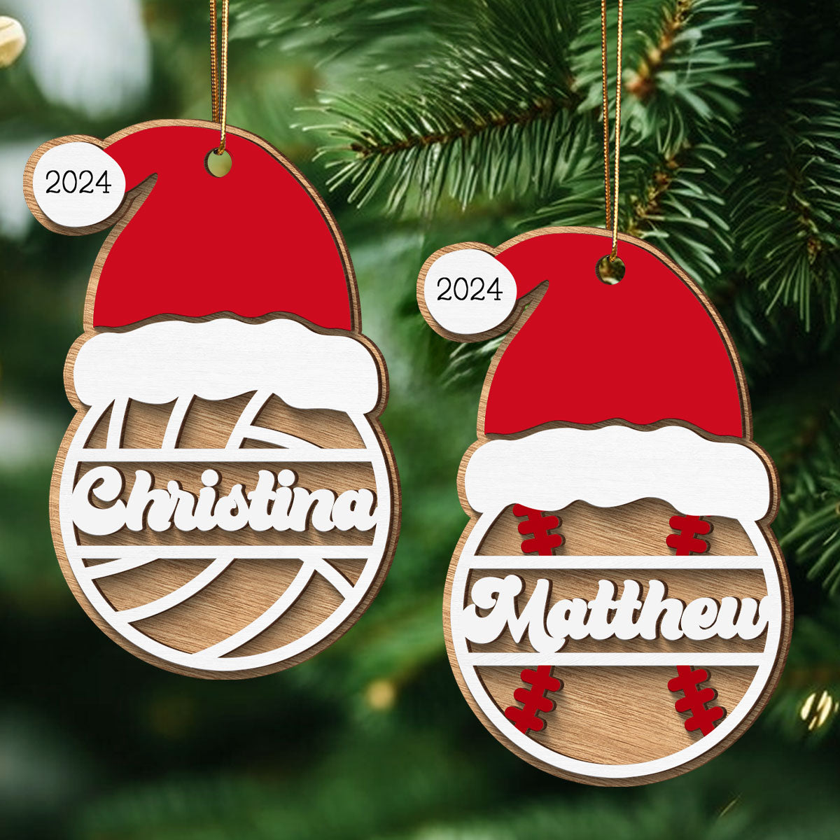 Sports Santa Hat With Name 2-Layered Wooden Ornament, Personalized Football Baseball Volleyball Basketball Soccer Ornament, Unique Christmas Gift For Kids
