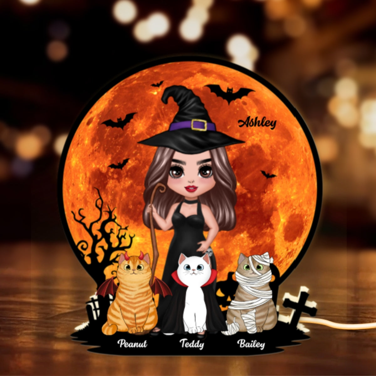 Witch Cat Mom Under Halloween Moon Tabletop Tier Tray Decor Personalized Light Box, Halloween Decor For Cat Lovers