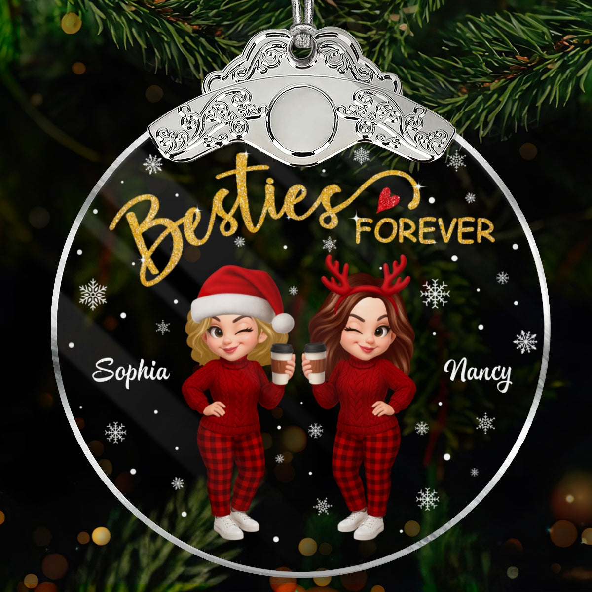 Christmas Pretty Besties Forever Together - Personalized Glass Ornament With Silver Cap
