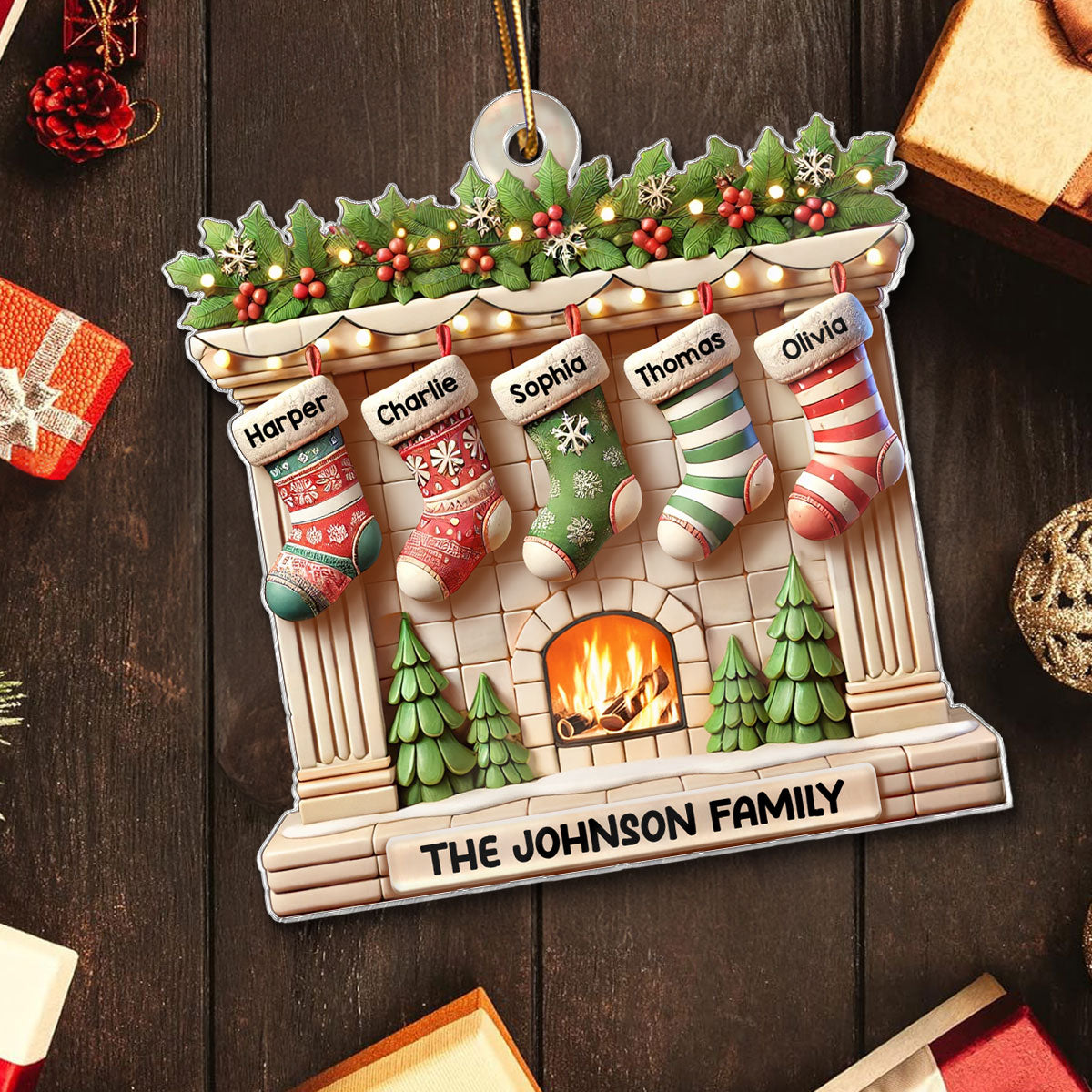 Realistic Family Christmas Stockings On Mantel 3D Effect Personalized Acrylic Ornament