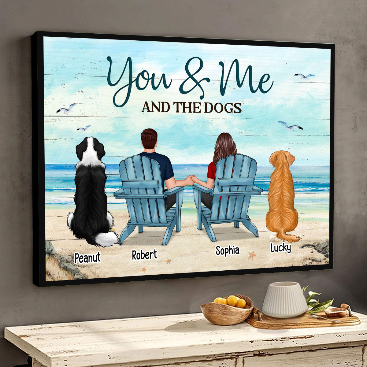 Back View Couple You Me The Dogs Cats Beach Landscape Personalized Horizontal Poster