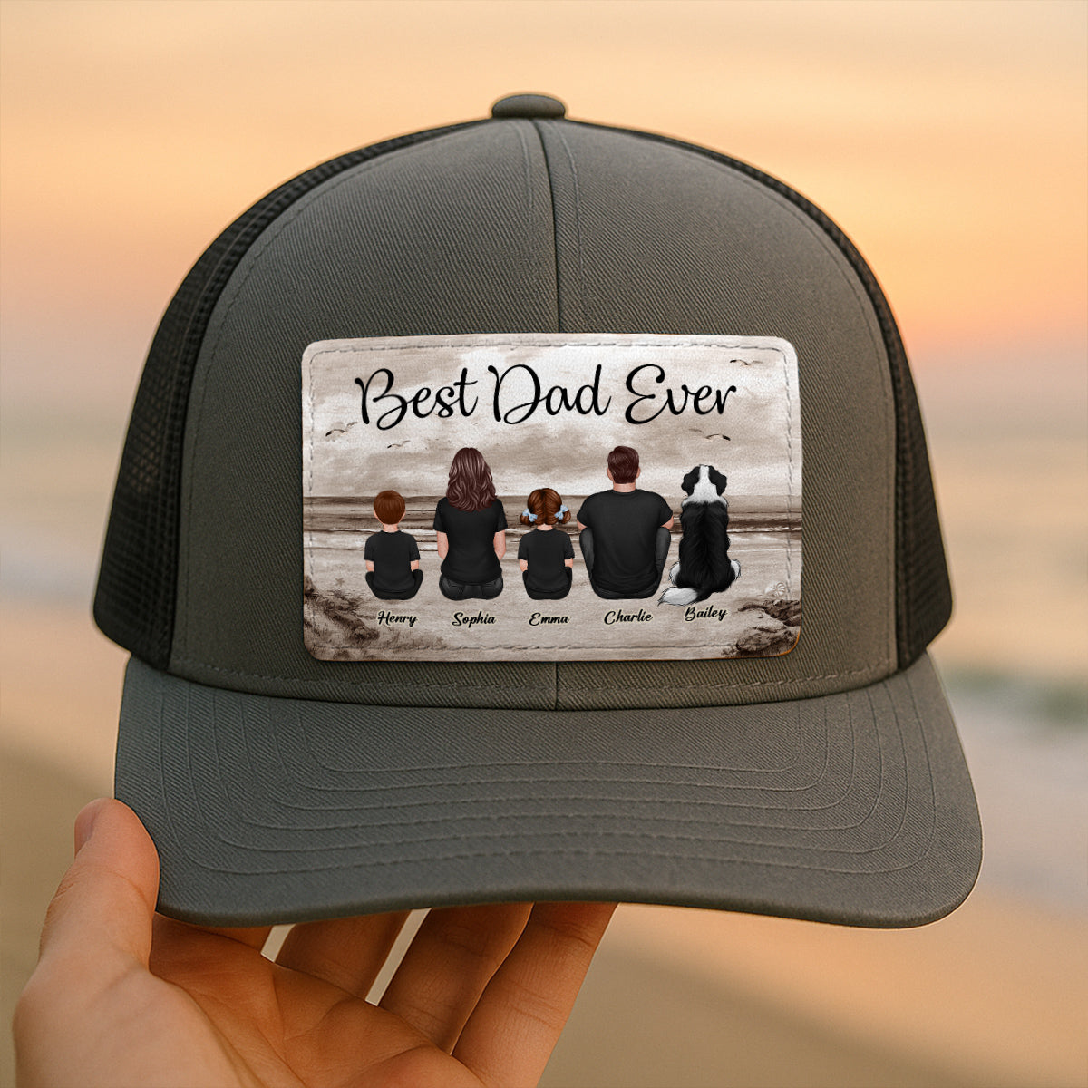 Family Sitting Retro Vintage Beach Landscape Personalized Leather Patch Hat, Gift For Dad