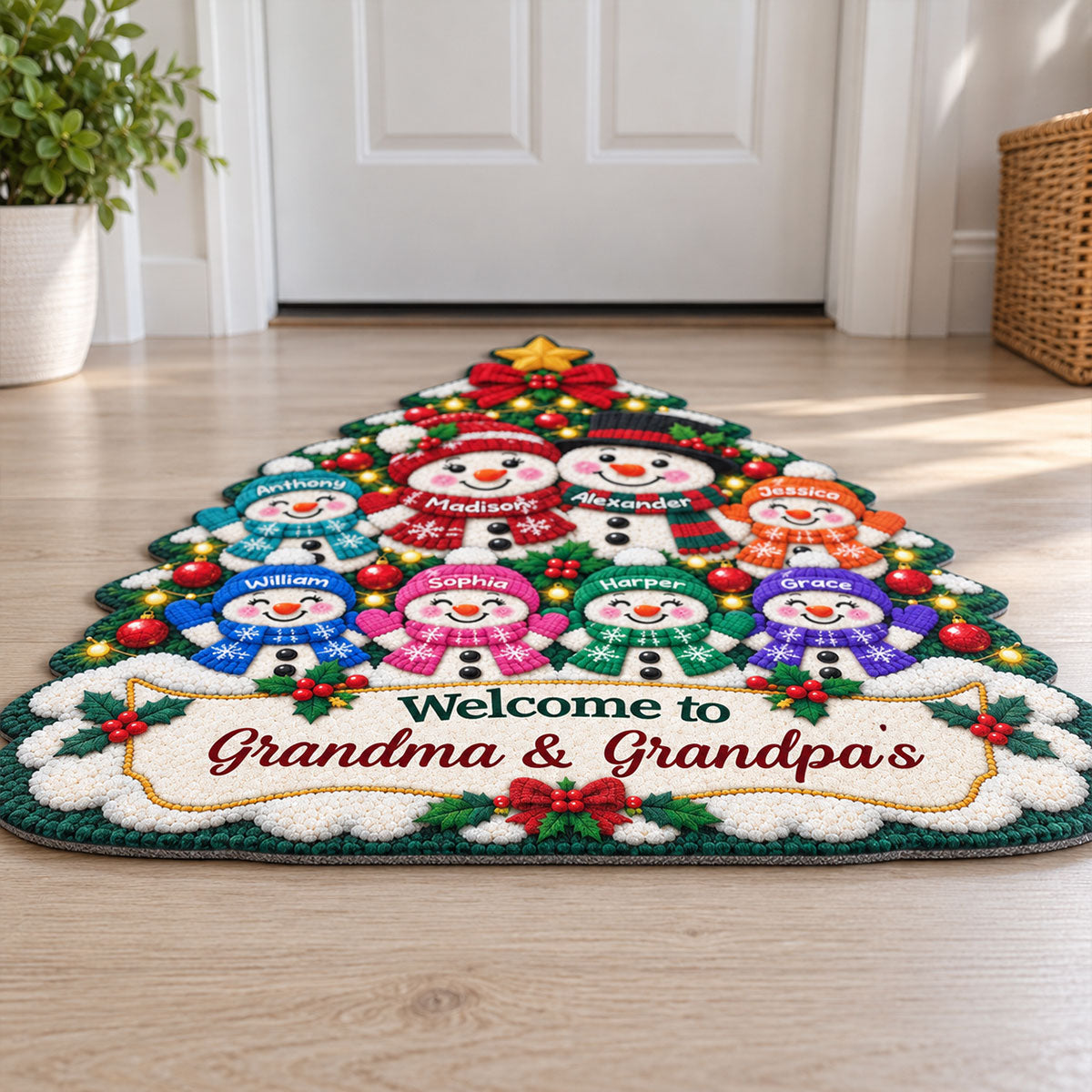 Snowman Grandparents & Grandkids Under Christmas Tree - Personalized Door Mat - Christmas Decor For Grandparents, Family