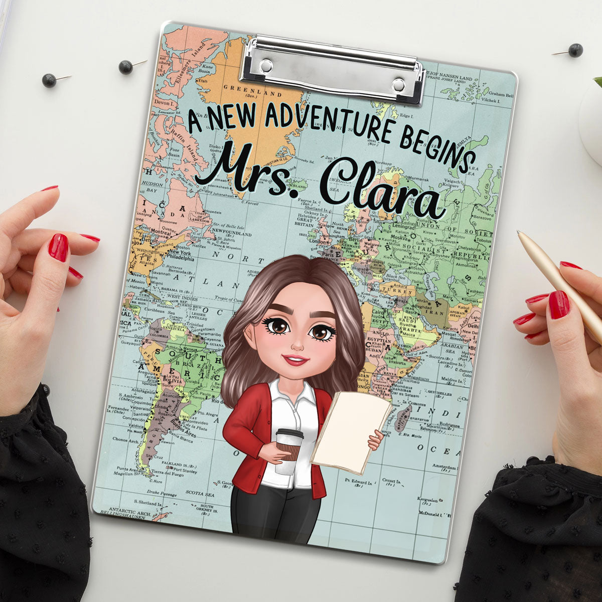 World Map Adventure Themed Teacher Personalized Clipboard, Back To School Gift For Teacher, Colleagues
