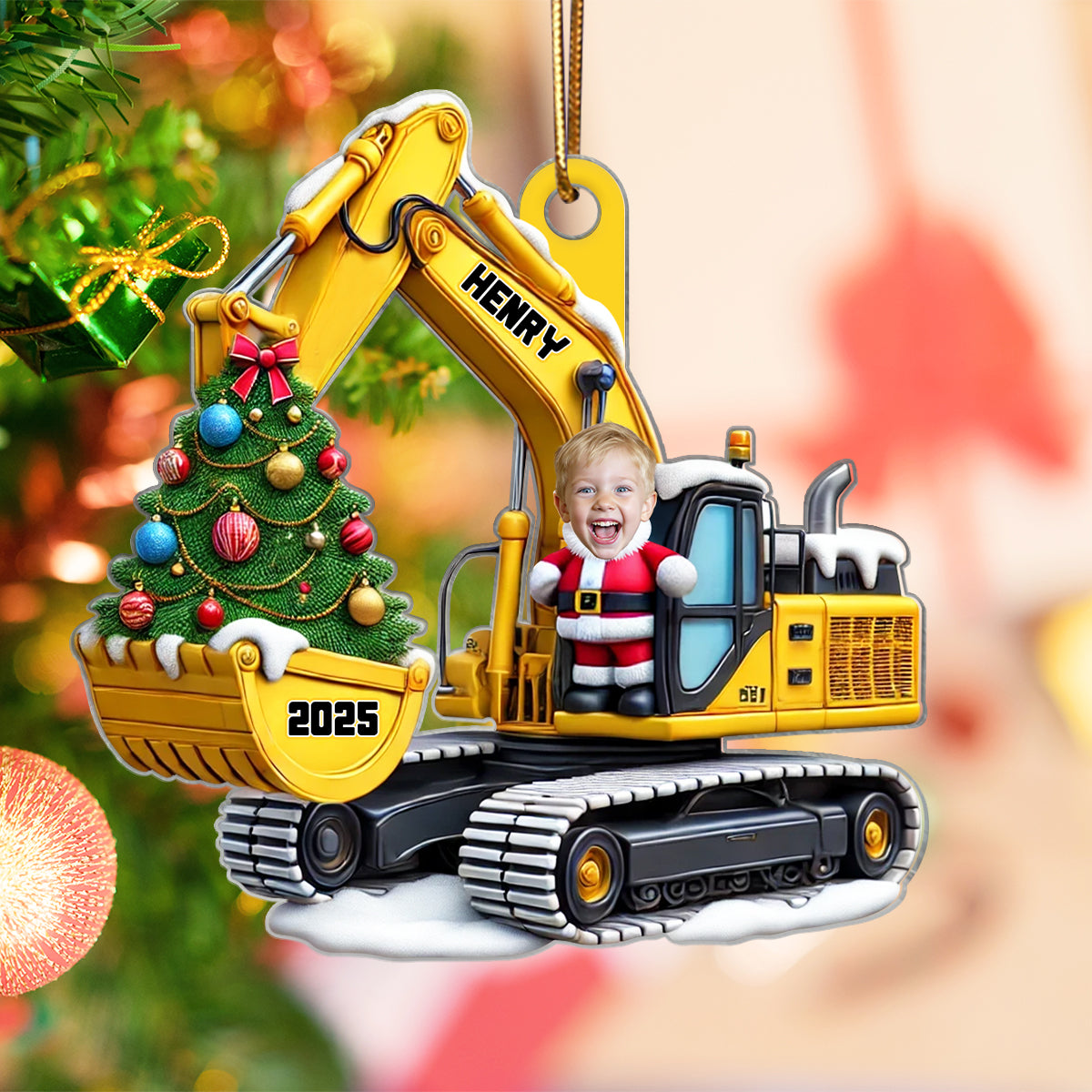 Personalized Xmas Excavator Construction Backhoe Kid Photo Ornament, 3D Effect Xmas Gift For Kids