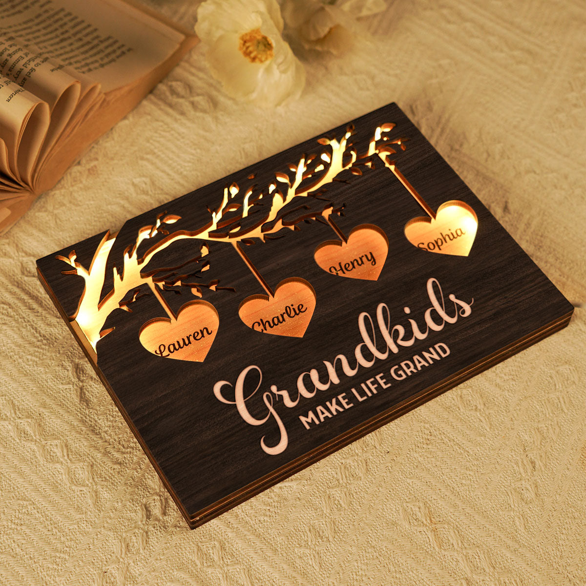 Grandkids Make Life Grandma Engraved Tree With Hearts Personalized 2-Layer Wooden Plaque With LED