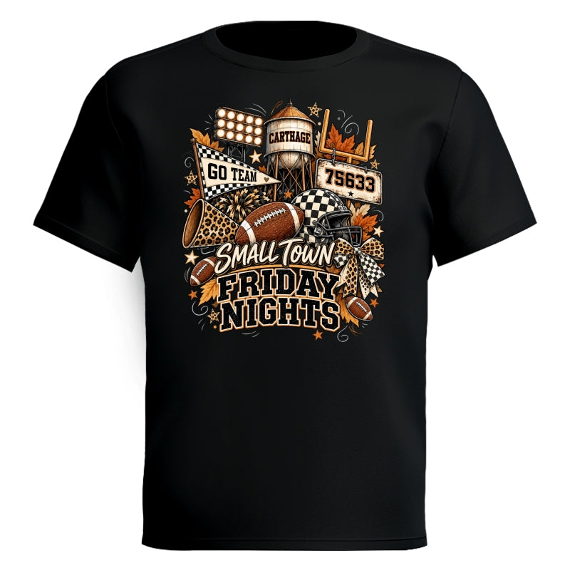 Small Town Friday Nights - Personalized Shirt - Trendy Fall Football Game Day, Custom Town Name, Zip Code