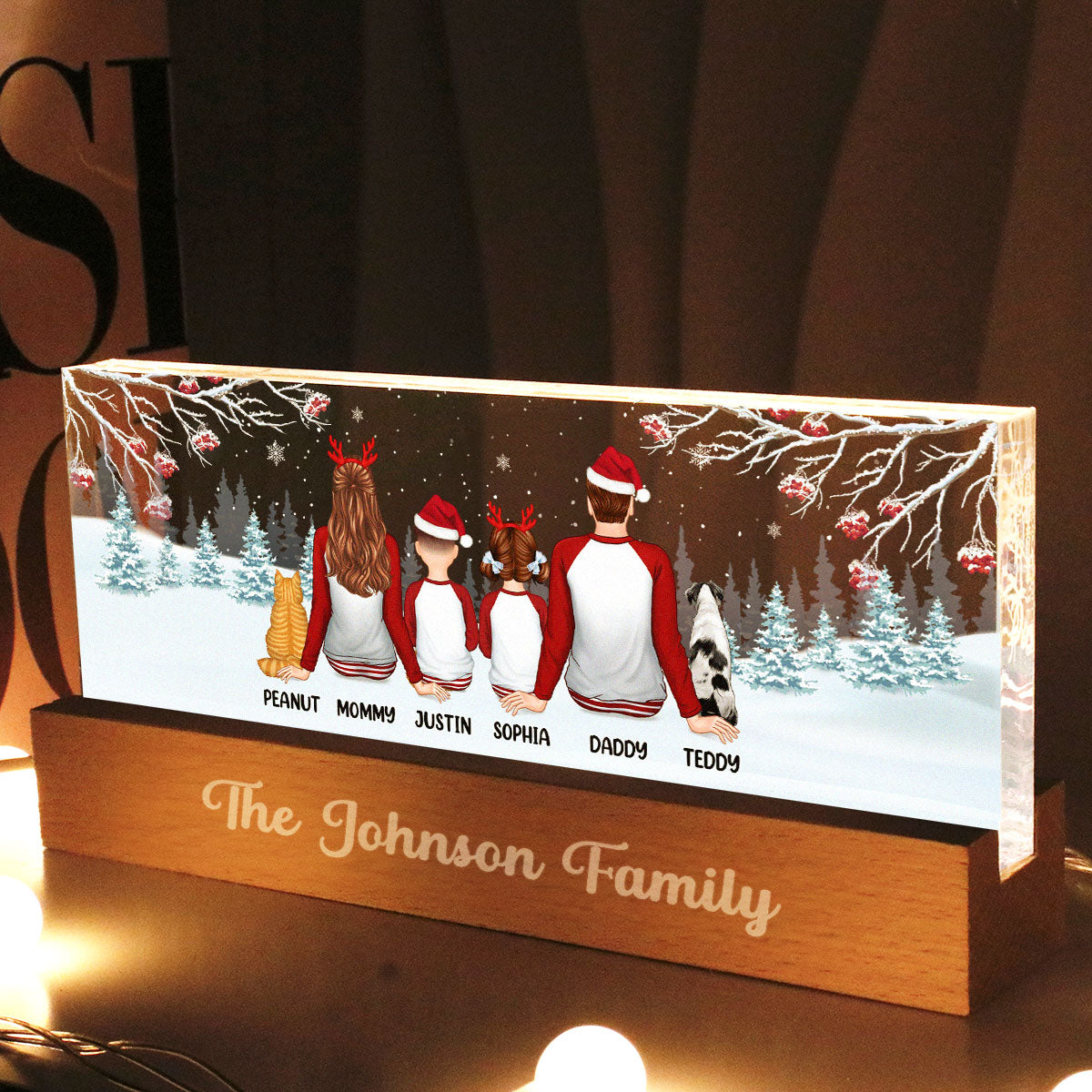 Family Back View Pajamas In Snow Personalized Acrylic Block LED Night Light