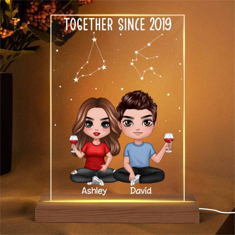 Our Love Written In The Star Doll Couple Sitting Horoscope Zodiac Sign Personalized Rectangle Acrylic Plaque With LED Night Light - Valentine‘s Day Gift, Anniversary Gift - Gift For Her - Gift For Him