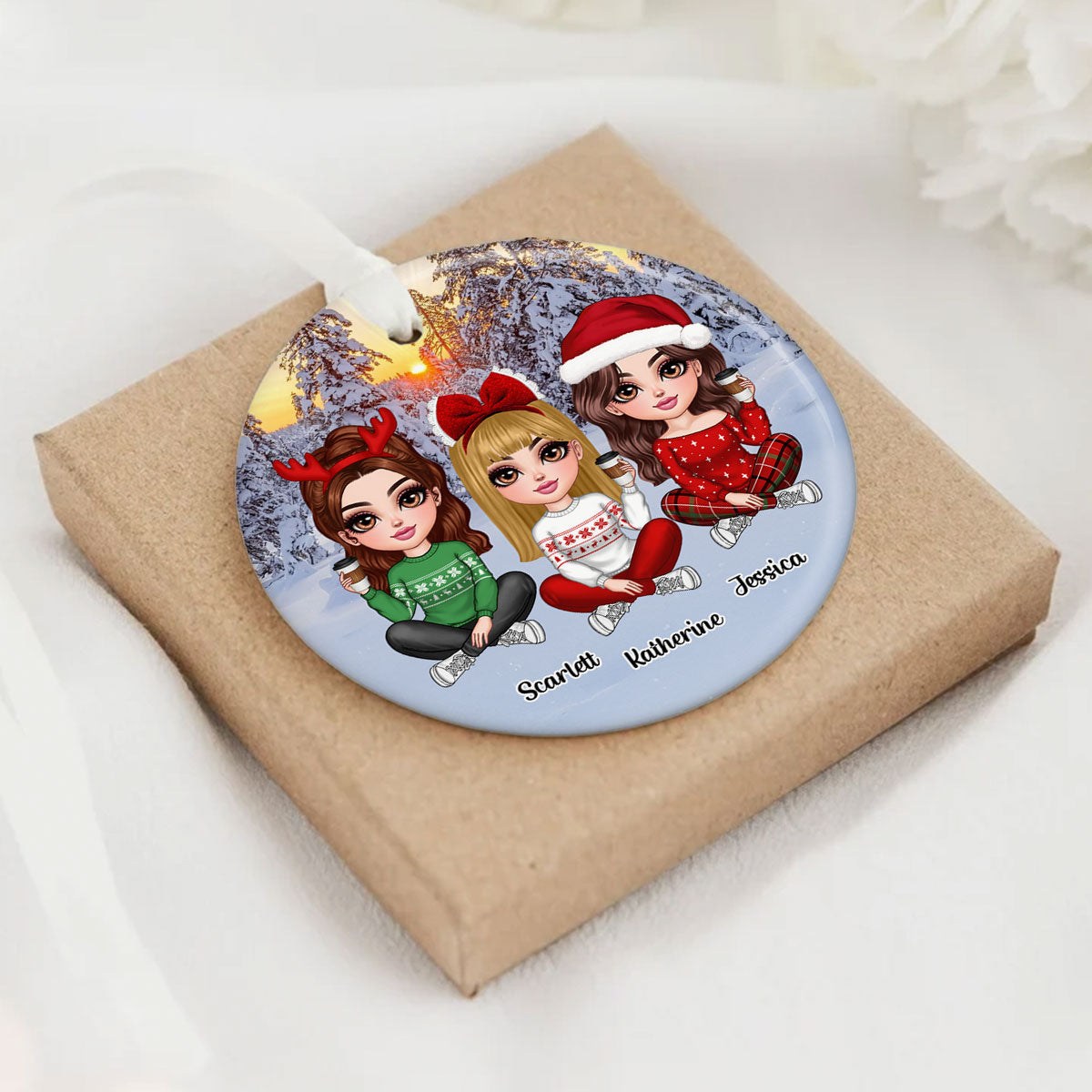 Realistic Winter Scene Besties Sisters Personalized Ceramic Ornament, Christmas Gift for Besties, Sisters, Friends