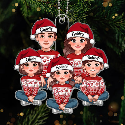 Animated Family Sitting Together Christmas Personalized Acrylic Ornament