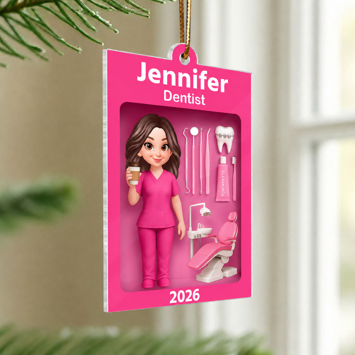 Pink Dentist Action Figure - Personalized Acrylic Ornament - Unique Christmas Gift For Dentist