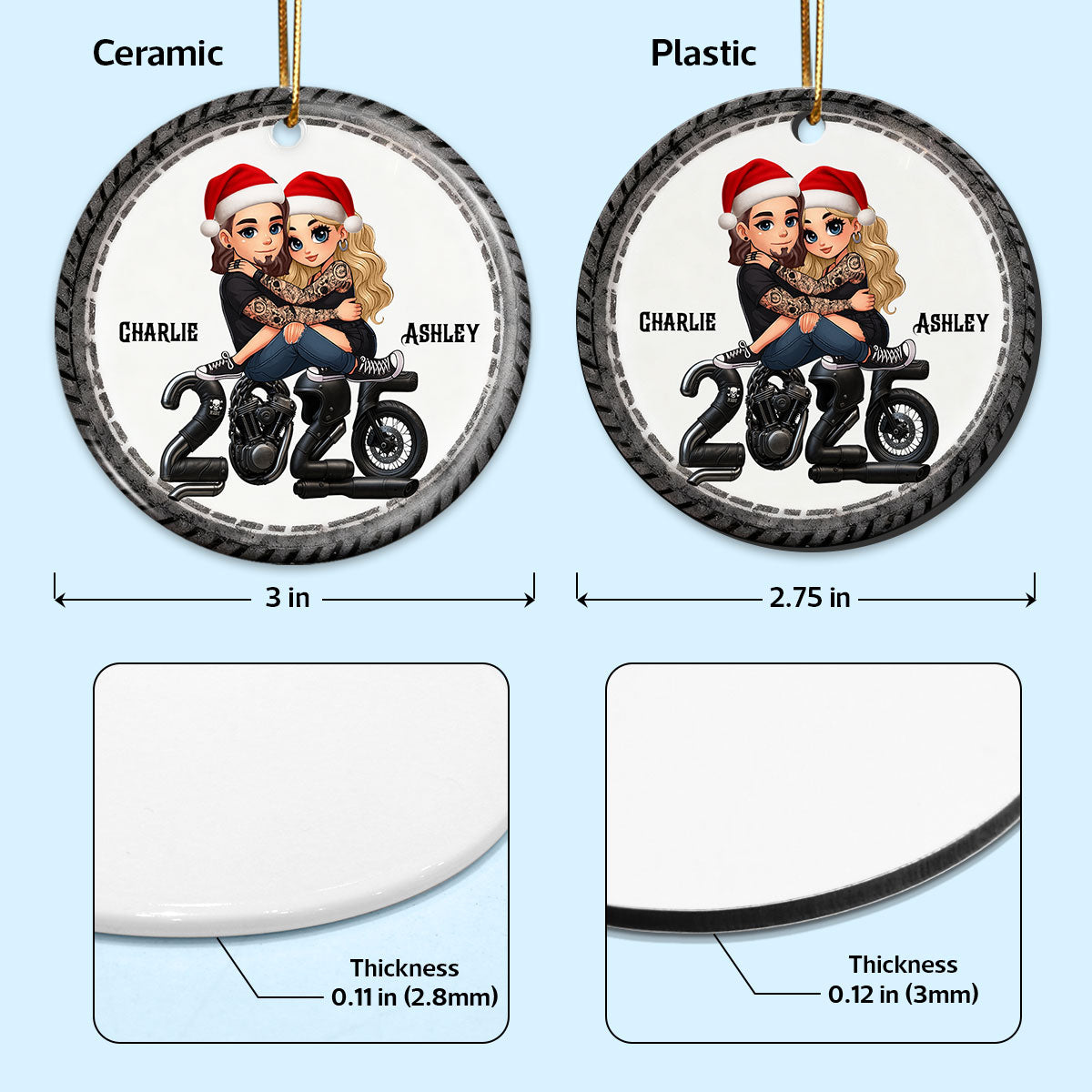 3D Effect Biker Couple Christmas - Personalized Ceramic Ornament - Gift For Bikers, Gift For Him, For Her