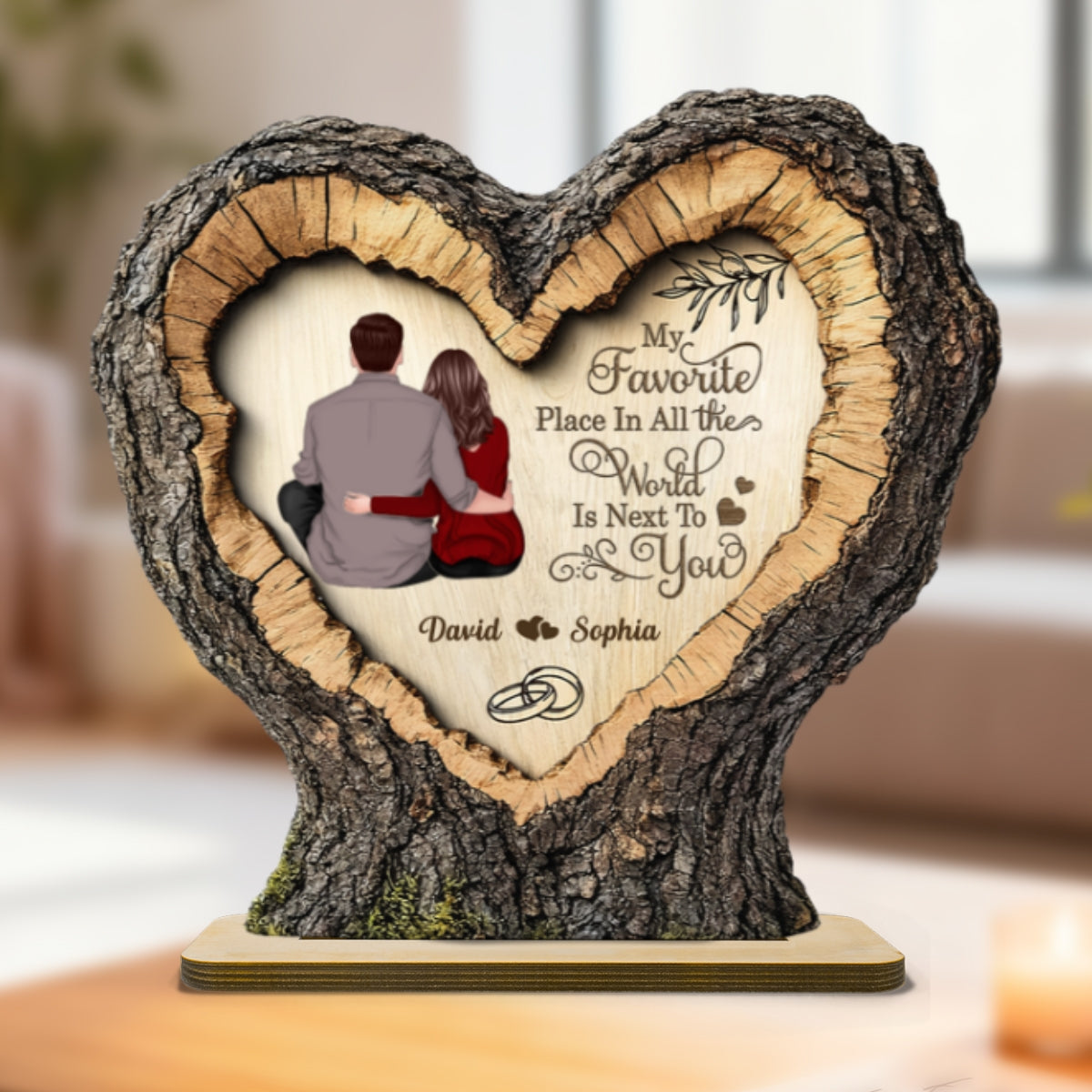 Favorite Place Next To You Couple Sitting 2D Flat - Personalized 2-Layered Wooden Plaque - Anniversary Gift, Valentine's Gift For Him, For Her