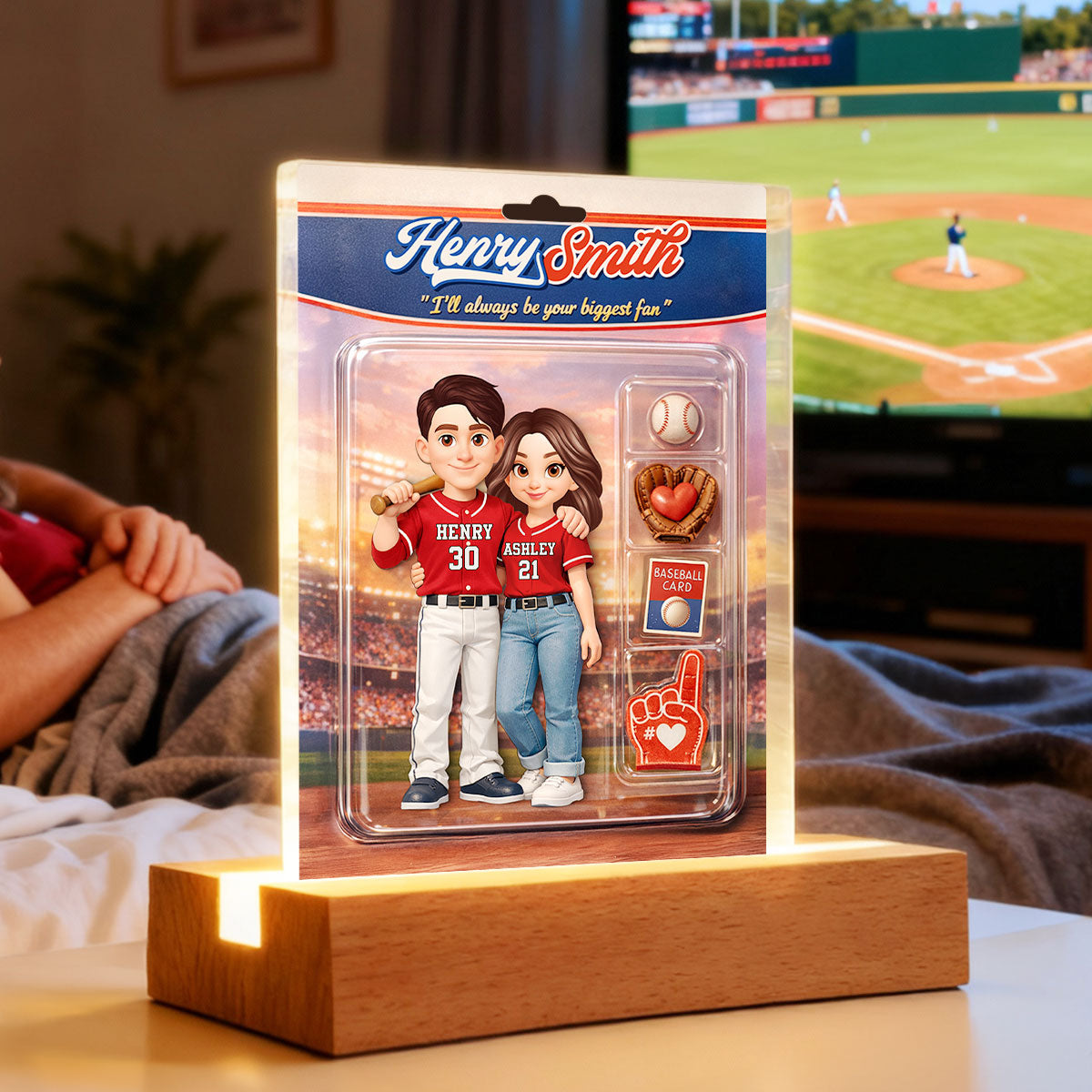 Baseball Couple I'll Always Be Your Biggest Fan Custom Action Figure - Personalized Acrylic Block LED Night Light - Sentimental Gift for Him