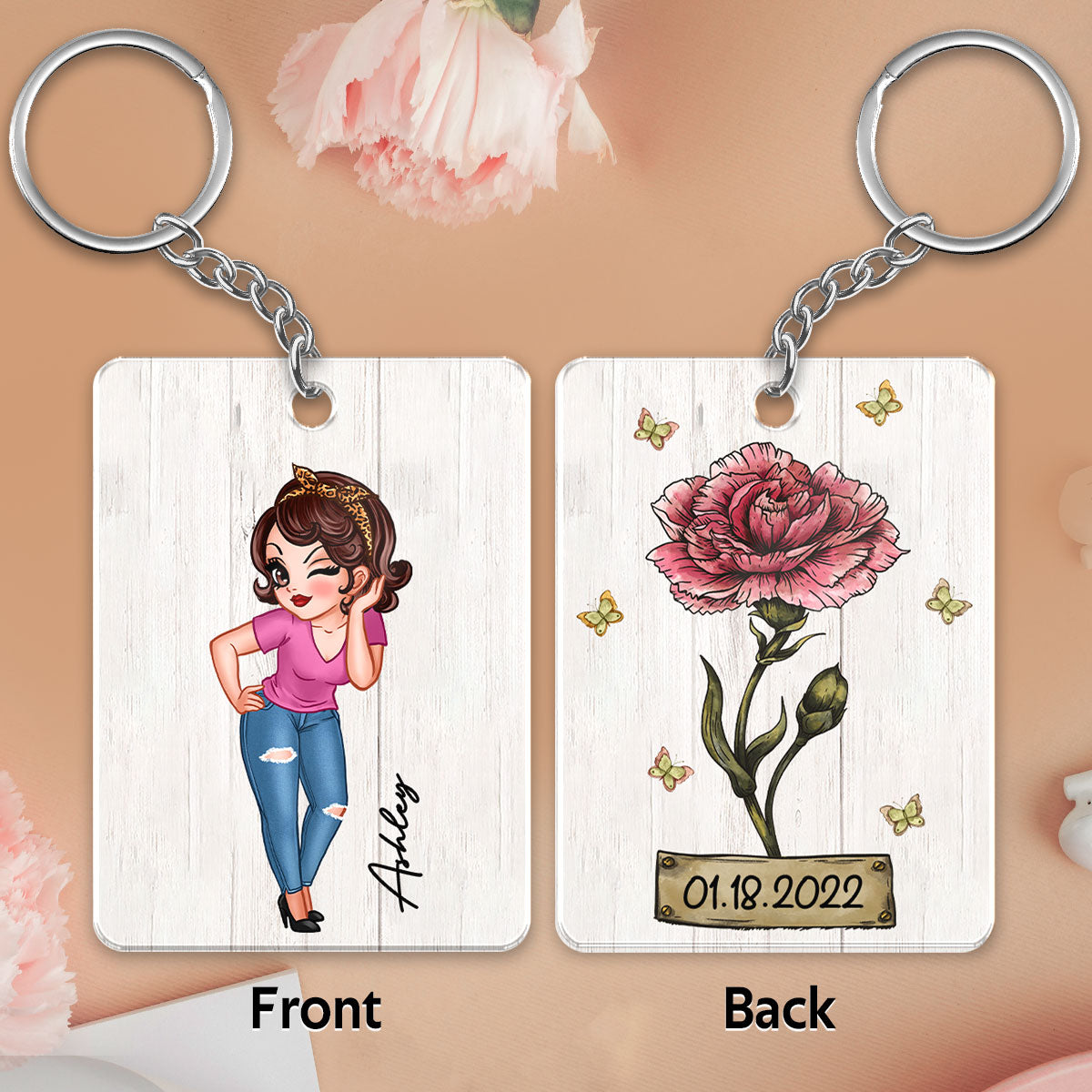 Pretty Woman Custom Character Beautiful Vintage Birth Flower & Name Birthday Gift For Family Friends Personalized Acrylic Keychain