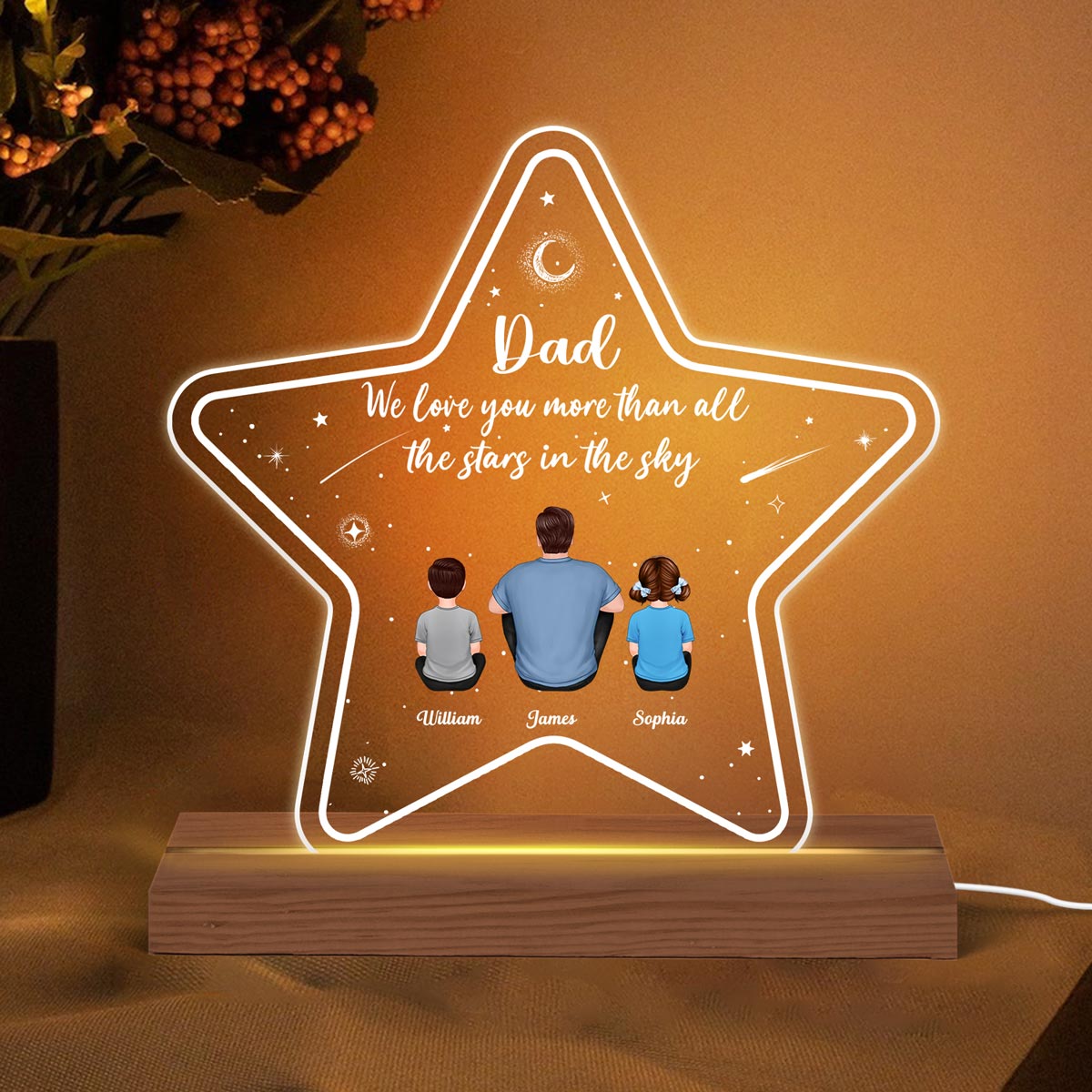Dad Grandpa We Love You More Than The Stars In The Sky Personalized Custom Shape Acrylic Plaque Warm LED Night Light