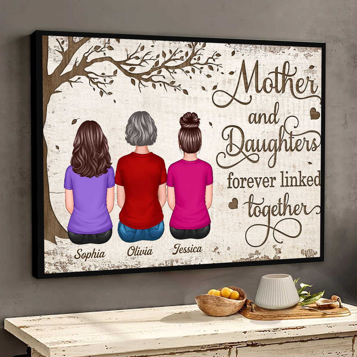 Back View Mother And Daughters Sons Sitting Under Tree Personalized Horizontal Poster