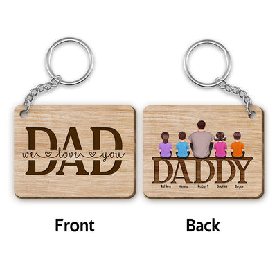 Best Dad Ever Back View Man Kids Dog Cat Sitting On Word Personalized Wooden Keychain