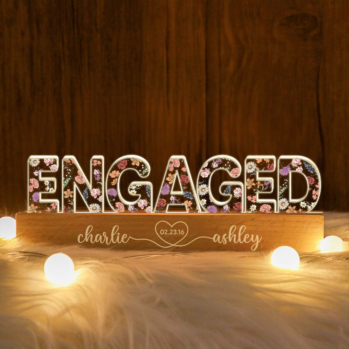 Personalized Couple Engagement Floral Theme Anniversary Gift Acrylic Block LED Night Light, Heartfelt 2025  Gift, For Him, For Her, For Husband, For Wife