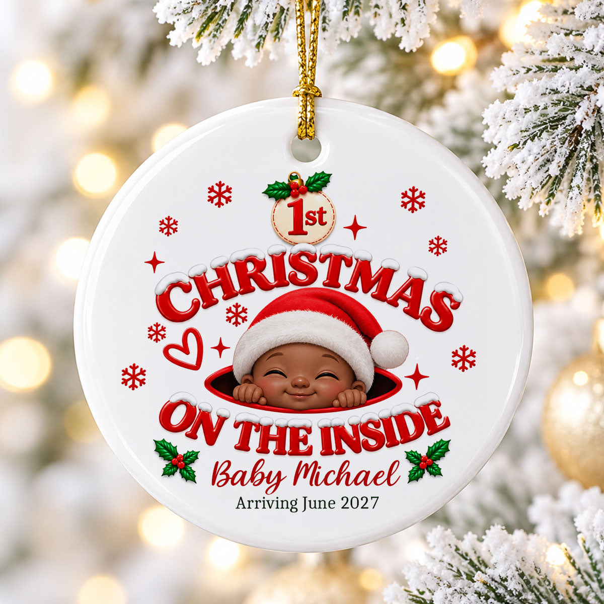1st Christmas On The Inside Baby - Personalized Ceramic Ornament - Christmas Pregnancy Announcement Gift For Mom To Be, Expecting Mom
