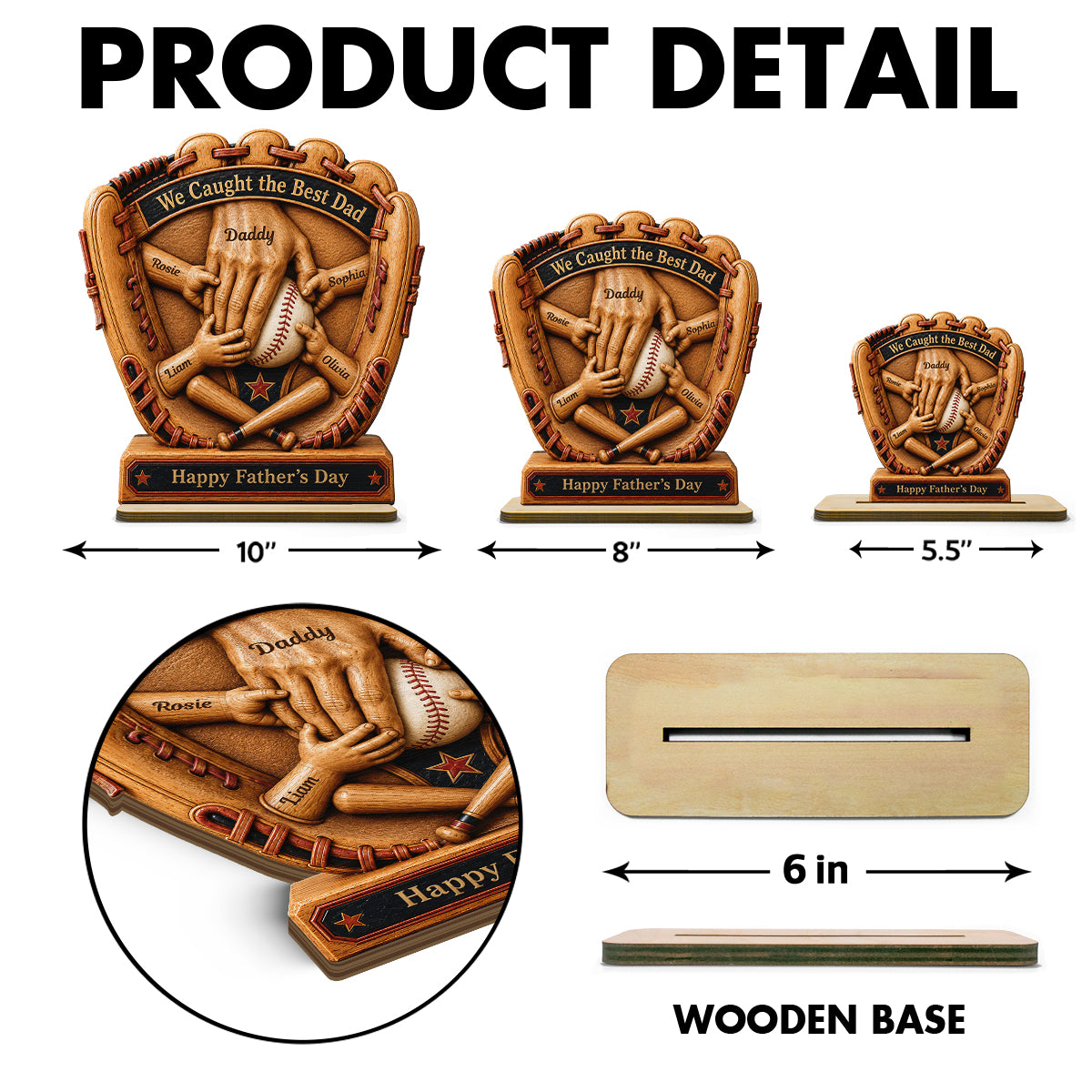 Baseball Glove Dad & Kids' Hands - Personalized 2-Layered Wooden Plaque - Father's Day Gift For Dad, Husband
