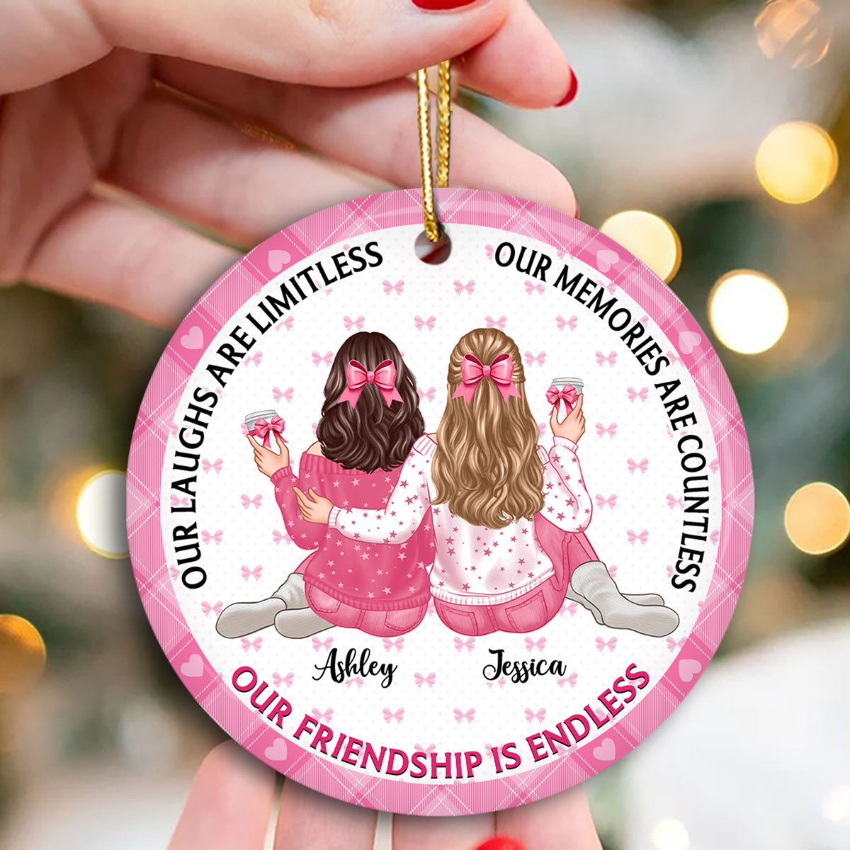 Our Friendship Is Endless Besties Back View Coquette Theme Personalized Ceramic Ornament