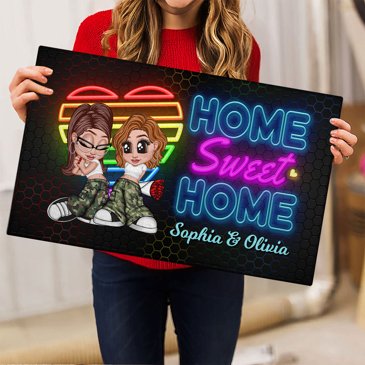 Home Sweet Home Love Wins Y2K Couple Neon Theme Personalized Doormat