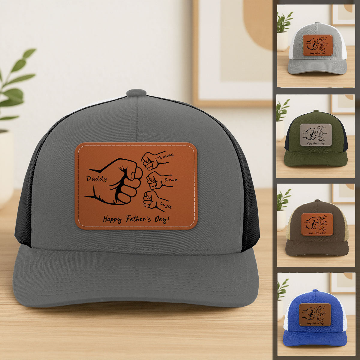 Daddy Grandpa Fist Bump Outline Personalized Leather Patch Hat, Father's Day gift