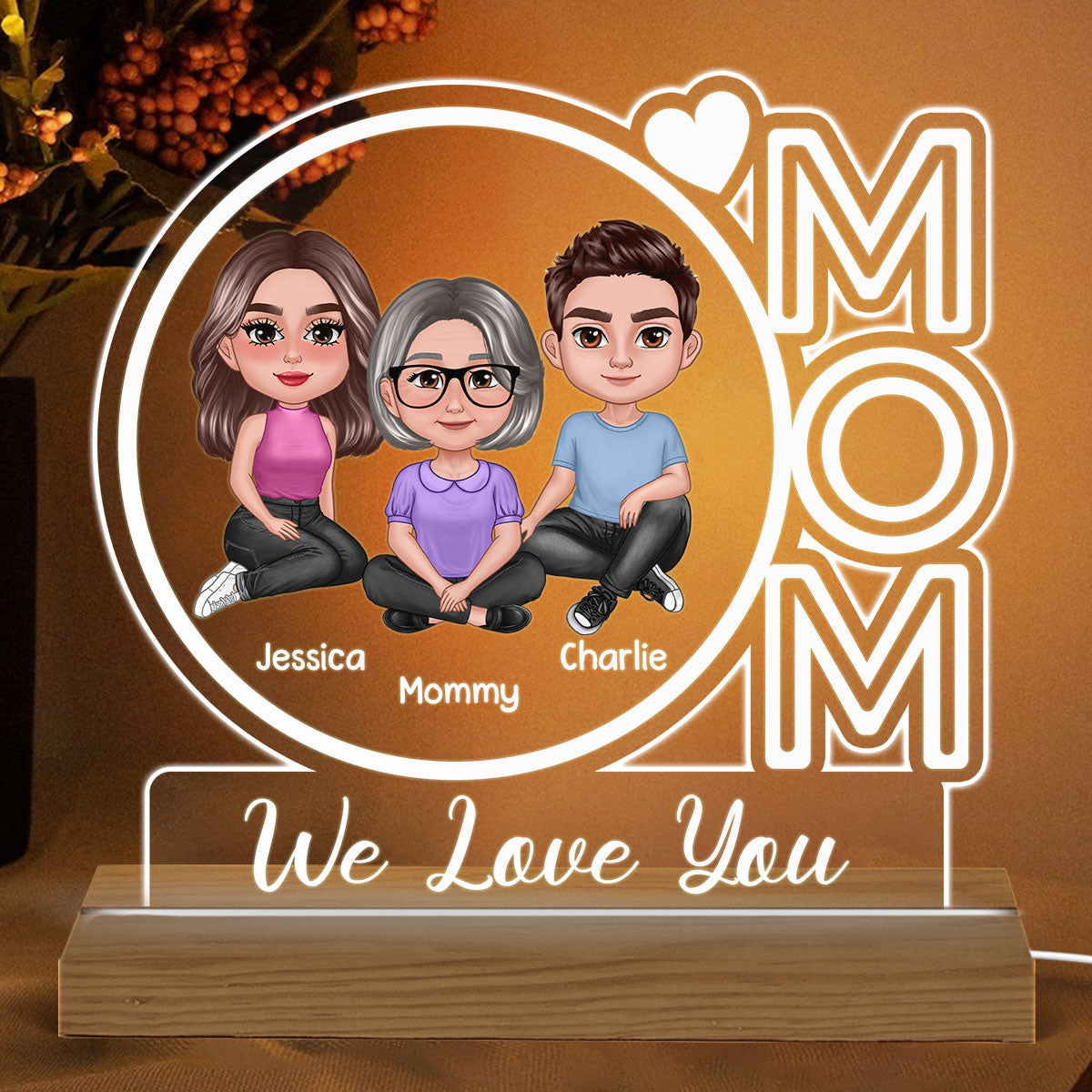 Mom We Love You Pretty Woman & Children Personalized Custom Shape Acrylic Plaque With Warm LED Night Light