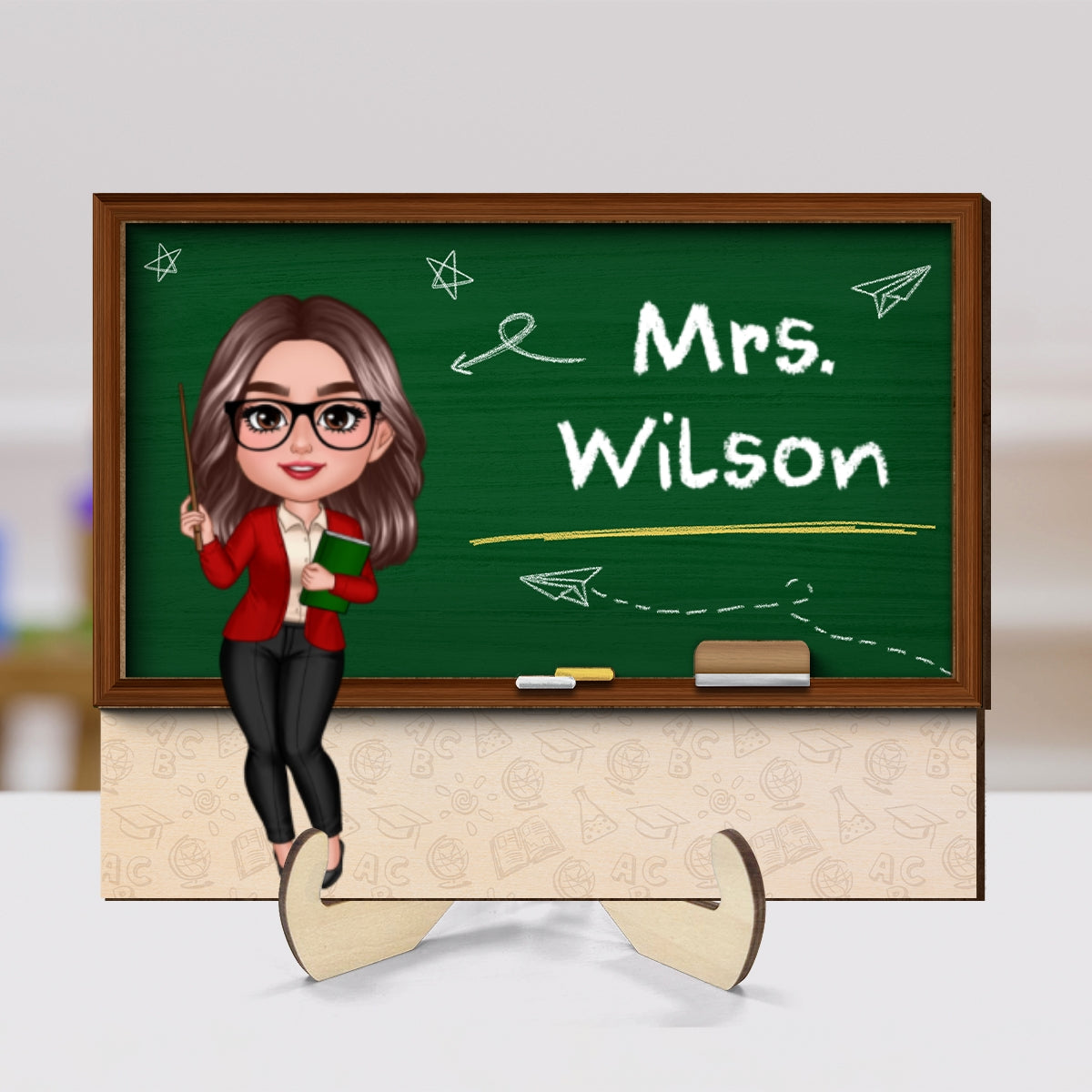 Doll Teacher Blackboard Personalized 2-Layer Wooden Plaque, Back To School Gift, Office Decor
