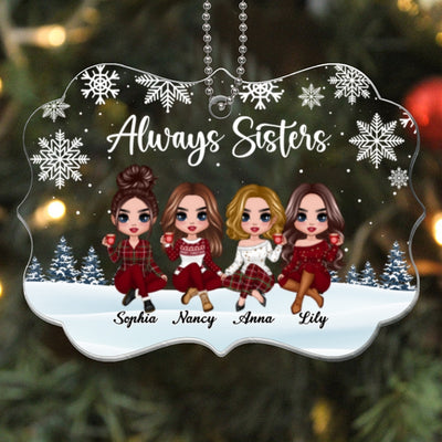Doll Sisters Siblings Sitting Snow Background Personalized Acrylic Ornament