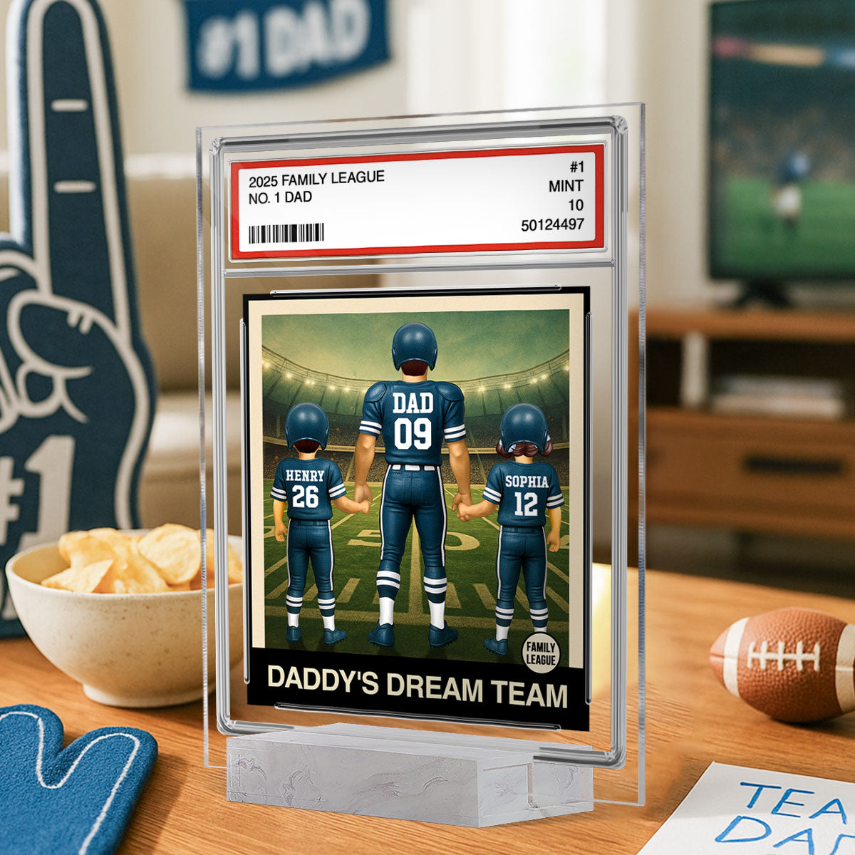 Football No. 1 Dad Man & Kids Trading Card Style Personalized Acrylic Plaque