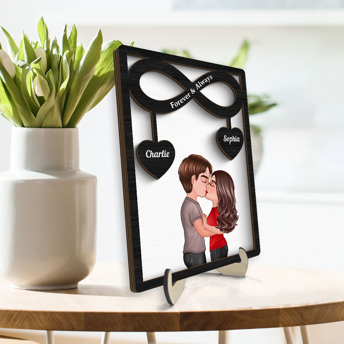 Couple Kissing Infinity Hearts Hanging Personalized 2-layer Wooden Plaque,  Gift For Him, For Her